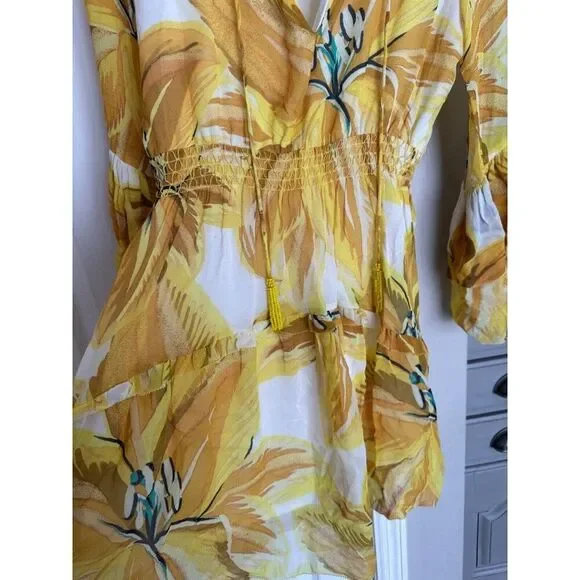 FARM RIO Azalea Yellow White Mink Mini Dress Sz XS Bell Sleeve Vacation  Boho - coffeafoods.com